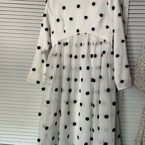 Dainty Jewells White Dress with Black Pom-Pom Polka Dots